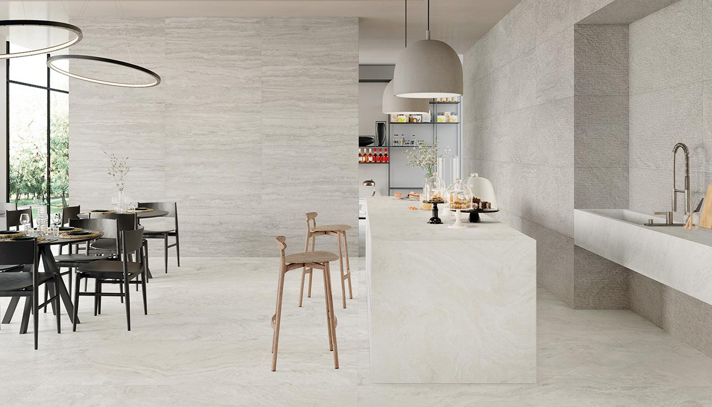 Gres Porcellanato Provenza Unique Travertine Pietra Silver Vein Cut,white Minimal,silver Ruled Immagine Gallery | Emilceramica Gres Porcellanato Provenza Unique Travertine Pietra Silver Vein Cut,white Minimal,silver Ruled Immagine Gallery | Emilceramica